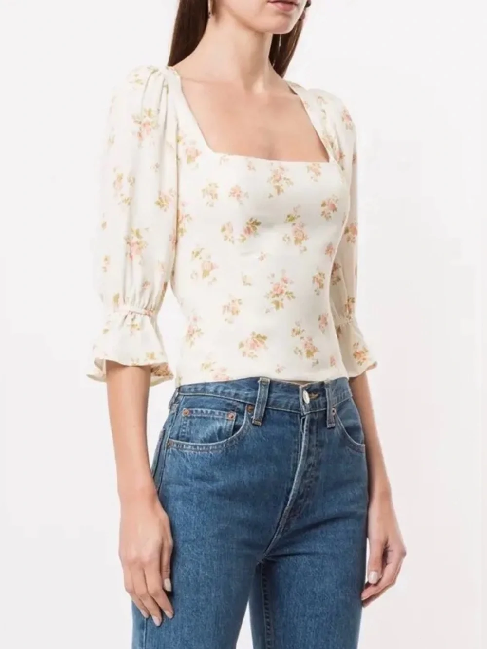 NWOT Reformation Ana Top in White/Cream Floral Print